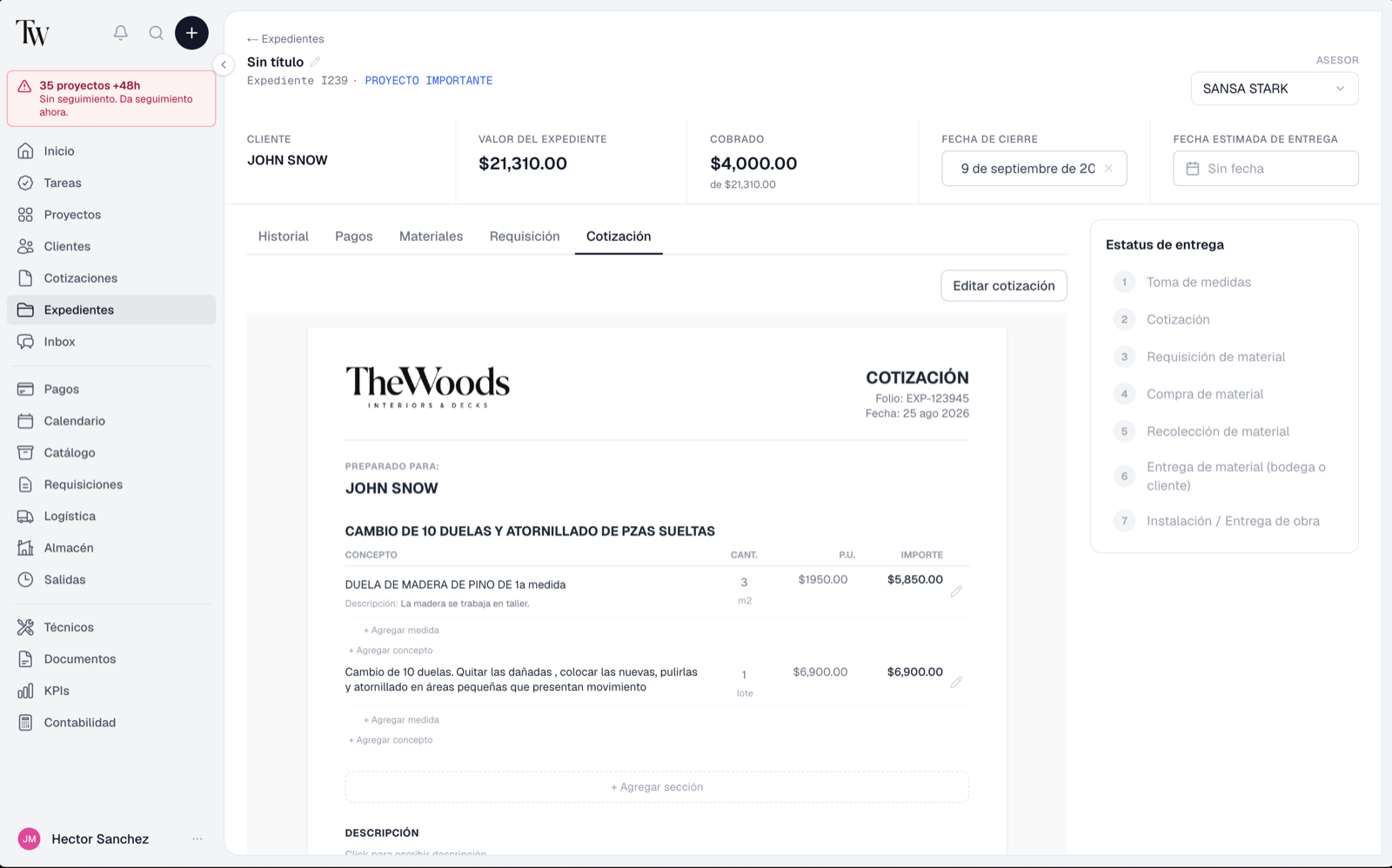 The Woods CRM dashboard