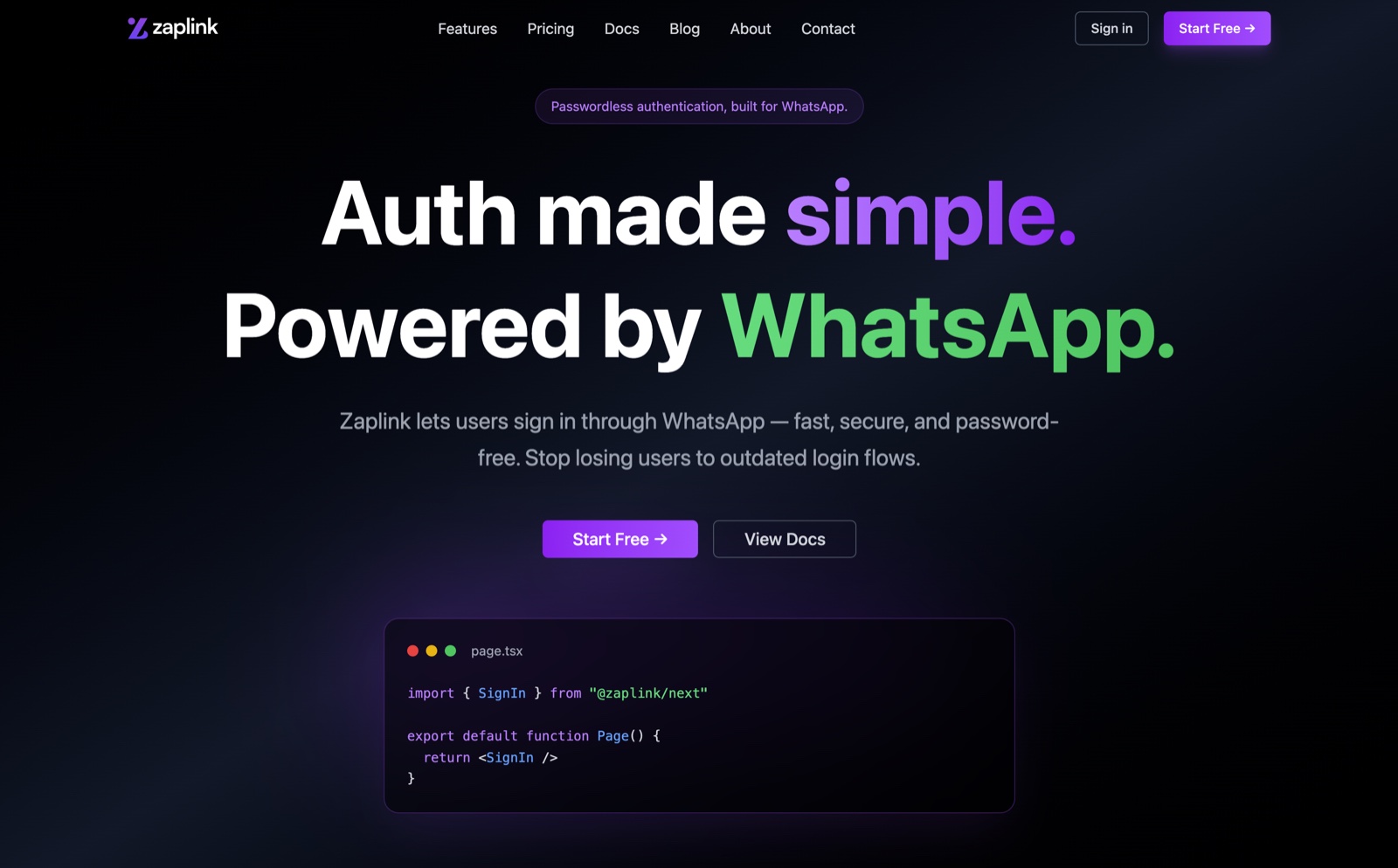 Zaplink sign-in over WhatsApp